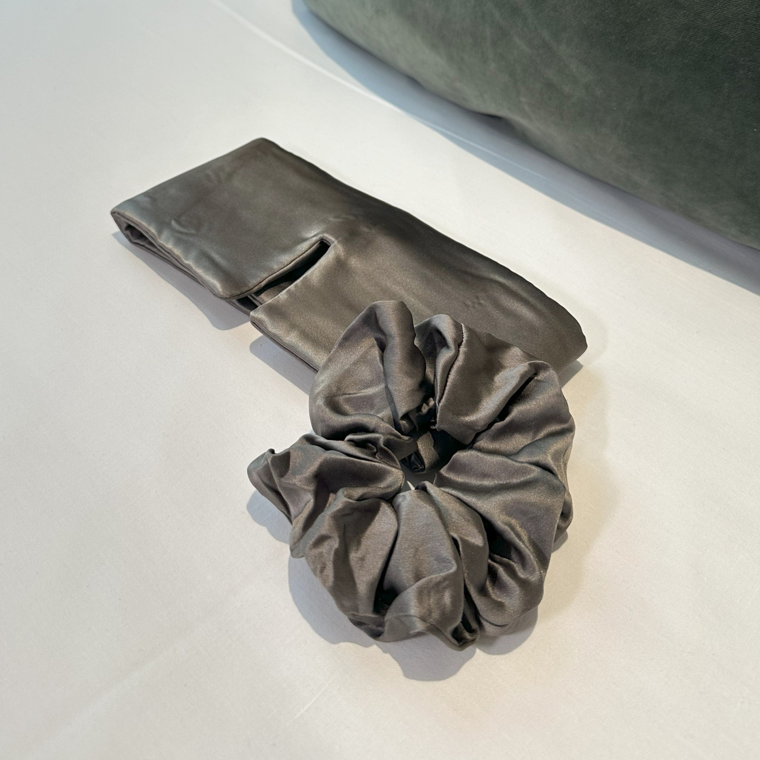 luxury silk grey eye mask scrunchie